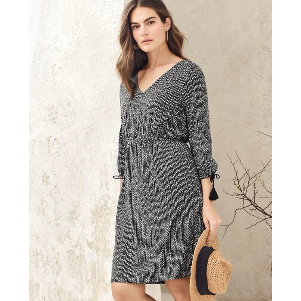 Garnet Hill Black White Tasseled Sleeve Lightweight Knit Dress Large 20-3133